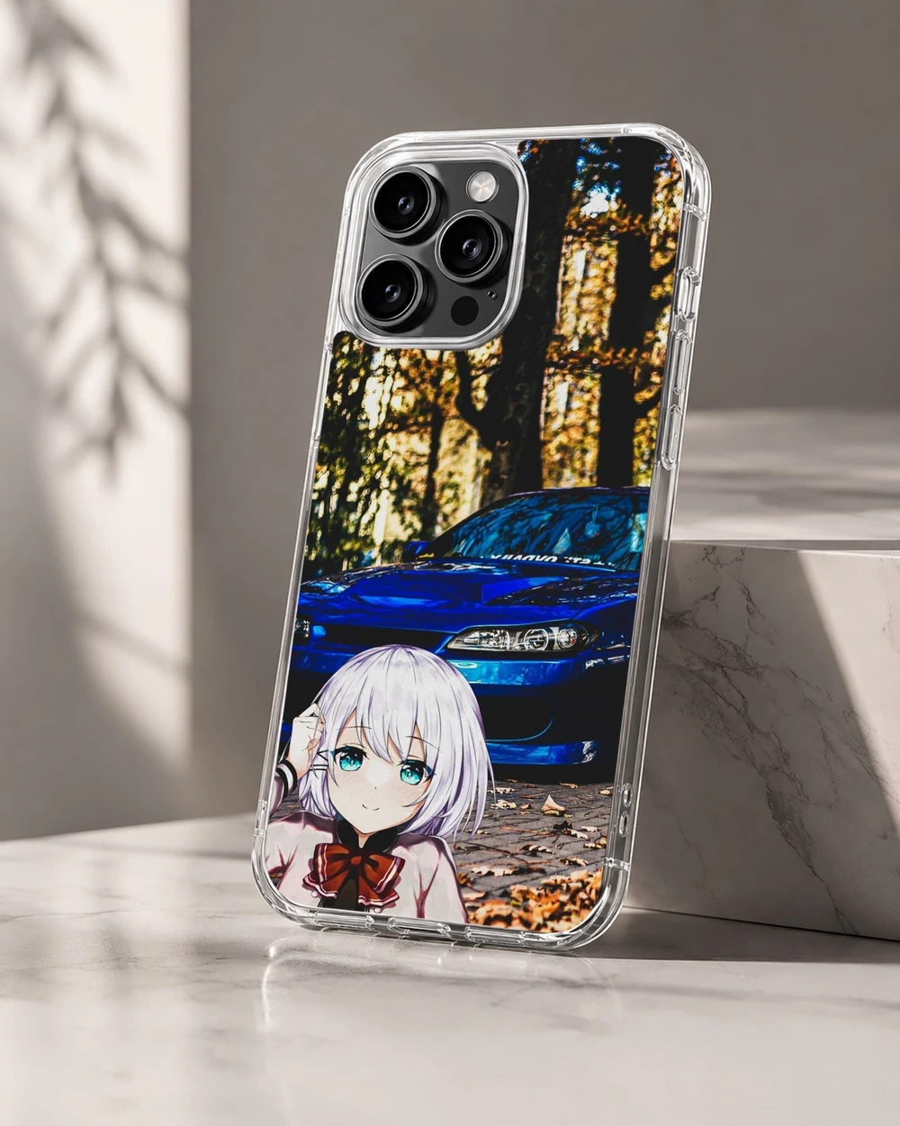 Anime JDM phone cover featuring an anime character and a blue car